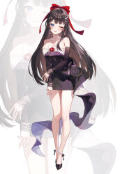  absurdres bilingual_commentary black_bow black_shoes black_sleeves blue_eyes bow bracelet breasts cleavage closed_mouth collarbone commentary detached_sleeves dress dress_bow english_commentary female full_body hair_ornament hairbow hairclip heart heart_hair_ornament high_heels highres jewelry large_breasts long_hair long_sleeves meoreng_illust mixed-language_commentary necklace one_eye_closed pearl_bracelet pearl_necklace pearl_ring pumps red_bow ring shirayuki_hina shoes short_dress skindentation smile solo standing stellive straight_hair strapless strapless_dress virtual_youtuber white_background zoom_layer 