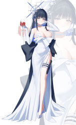  absurdres back_bow bare_shoulders black_bow black_hair blue_archive blue_eyes blue_hair blue_halo bow breasts choker cleavage colored_inner_hair commentary cup dress drink drinking_glass elbow_gloves female flower full_body garter_straps gloves hair_flower hair_ornament halo hand_in_own_hair highres holding holding_cup knife_sheath large_bow large_breasts long_hair looking_at_viewer multicolored_hair official_alternate_costume parted_lips saori_(blue_archive) saori_(dress)_(blue_archive) senkuma777 sheath standing strapless strapless_dress thigh_sheath two-tone_hair white_background white_choker white_dress white_flower white_garter_straps white_gloves wine_glass zoom_layer 