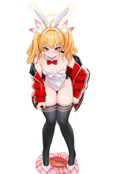  absurdres ahoge alternate_costume animal_ear_hairband animal_ears black_thighhighs blonde_hair blue_archive blush breasts commentary_request covered_navel detached_collar fake_animal_ears female hairband halo highleg highleg_leotard highres jacket leotard open_clothes open_jacket pantoking playboy_bunny rabbit_ear_hairband rabbit_ears red_jacket short_twintails skirt small_breasts solo strapless strapless_leotard thighhighs twintails unworn_skirt white_leotard yellow_halo yoshimi_(blue_archive) 