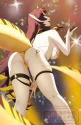  animal ass bikini blonde_hair brown_hair crowd eel_girl female from_behind from_below highres holding holding_microphone huge_ass indie_virtual_youtuber juna_unagi leaning_forward lightning_bolt_symbol lightstick long_hair microphone multicolored_hair necktie peach-cup solo stage_lights striped_clothes striped_necktie swimsuit tail thigh_strap two-tone_hair two-tone_necktie very_long_hair virtual_youtuber yellow_bikini 