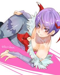  animal_print bat_print blue_pantyhose commentary darkstalkers demon_girl demon_wings female flat_chest head_wings leotard lilith_(darkstalkers) lying on_side pantyhose print_pantyhose purple_hair red_eyes red_leotard rosie_rosie short_hair simple_background solo twitter_username untranslatable_commentary white_background wings 
