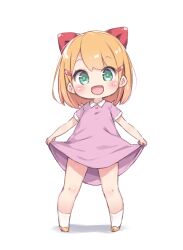  :d blonde_hair bow commentary dress female full_body green_eyes hair_ornament hairbow hairclip highres looking_at_viewer open_mouth original pink_dress shoes simple_background skirt_hold smile socks solo standing tamase_tama untranslatable_commentary white_background white_socks yellow_shoes 