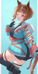  absurdres animal_ears aqua_coat badge black_boots black_gloves black_shirt black_shorts black_thighhighs blush boots breasts brown_hair button_badge closed_mouth coat commentary_request ear_ornament ear_ribbon fanny_pack female fingerless_gloves gloves highres horse_ears horse_girl horse_tail jacket long_sleeves looking_at_viewer medium_breasts multicolored_hair one_eye_closed open_clothes open_coat red_eyes shirt short_hair shorts simple_background smile solo tail thighhighs tongue tongue_out transcend_(umamusume) transcend_(zoku-zoku_gizmo)_(umamusume) umamusume uryua0324 w 