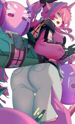  arknights arknights:_endfield ass blue_eyes blue_hair commentary_request female highres kimo_suna looking_back multicolored_hair open_mouth pink_hair pointy_ears simple_background solo tail twintails two-tone_hair white_background yvonne_(arknights) 