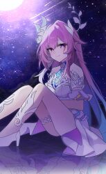  absurdres aqua_hair breasts commentary cyrene_(demiurge)_(honkai:_star_rail) cyrene_(honkai:_star_rail) diamond-shaped_pupils diamond_(shape) dress female flower h2o_omizu hair_flower hair_ornament highres honkai:_star_rail honkai_(series) long_hair looking_at_viewer medium_breasts multicolored_hair pink_hair purple_eyes sky smile solo star_(sky) starry_sky symbol-shaped_pupils untranslatable_commentary very_long_hair white_dress white_hair 