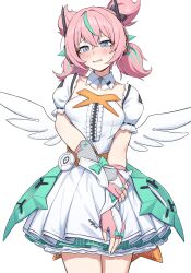  absurdres aria_(zenless_zone_zero) blue_eyes breasts collarbone commentary female fingerless_gloves gloves green_hair highres icetea_art looking_at_viewer paid_reward_available pink_gloves pink_hair puffy_short_sleeves puffy_sleeves short_sleeves short_twintails simple_background skirt small_breasts solo twintails white_background white_skirt white_wings wings zenless_zone_zero 