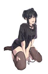  arms_between_legs black_collar black_hair black_lips black_nails black_shirt blush brown_thighhighs chain_leash chains closed_mouth collar commentary cross cross_earrings darao_(daradara_suyaaa) ear_piercing earrings female full_body goth_fashion grey_eyes highres jewelry leash looking_at_viewer mikasa_ackerman nail_polish no_shoes piercing seiza shingeki_no_kyojin shingeki_no_school_castes shirt short_hair short_sleeves sidelocks sitting skindentation solo sweatdrop thighhighs thighs torn_clothes torn_thighhighs twintails twitter_username white_background 
