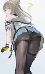  ? ai-assisted animal_ears arknights arknights:_endfield ass bird_ears black_pantyhose blue_eyes closed_mouth commentary female from_behind gloves grey_hair head_wings highres jacket long_hair looking_at_viewer open_clothes open_jacket panties pantyhose pantyshot perlica_(arknights) poki_(j0ch3fvj6nd) skirt thigh_strap underwear upskirt variant_set watch white_panties wings 