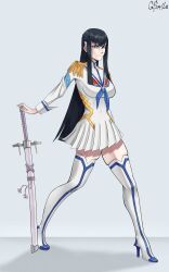 absurdres artist_name black_hair blue_eyes boots closed_mouth commentary dress female gsm1le high_heel_boots high_heels highres holding holding_sword holding_weapon kill_la_kill kiryuuin_satsuki long_hair looking_at_viewer sidelocks solo sword weapon white_dress 