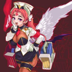  armband bat_wings between_breasts black_hat black_shirt black_skirt bodystocking breasts brown_bodystocking cloche_(shinrabanshou) commentary_request different_zoom_layer facial_mark female forehead_mark framed_breasts gloves gold_trim grey_horns grey_shirt hair_ribbon hand_on_own_face hat horns large_breasts long_hair looking_at_viewer machine middle_part mismatched_eyebrows mixed_wings multicolored_hat multicolored_shirt multiple_wings necktie oerba_yun_fang open_mouth pink_hair purple_eyes purple_wings red_necktie ribbon shinrabanshou shirt skirt solo takane_(lovehatsune) thigh_strap white_gloves white_hat white_ribbon white_shirt white_wings wings 