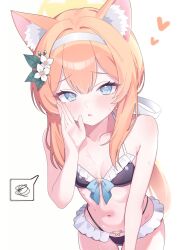  @_@ absurdres animal_ear_fluff animal_ears bare_shoulders bikini black_bikini blue_archive blue_eyes blush breasts cat_ears cleavage female flower frilled_bikini frills front-tie_bikini_top front-tie_top hair_between_eyes hair_flower hair_ornament hairband halo hand_to_own_mouth highres long_hair looking_at_viewer mari_(blue_archive) navel open_mouth orange_hair poko050498 solo speech_bubble sweat swimsuit white_flower white_hairband yellow_halo 