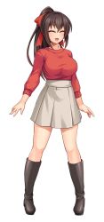  :d ^_^ astrae blush boots bow breasts brown_hair casual closed_eyes facing_viewer female full_body game_cg grey_skirt hairbow ikameshi_(nega96396) knee_boots large_breasts large_variant_set long_hair long_sleeves non-web_source official_art open_mouth pleated_skirt ponytail red_bow red_shirt red_sweater ribbon seisenki_iris self-datamine shirt skirt smile solo standing sweater tachi-e transparent_background variant_set 