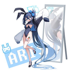  absurdly_long_hair absurdres alternate_costume animal_ear_hairband animal_ears aris_(blue_archive) black_shoes blue_archive blue_bow blue_eyes blue_hair blue_halo blue_leotard bow breasts carrot commentary covered_navel cropped_jacket fake_animal_ears female hair_between_eyes hairband hairbow halo high_heels highleg highleg_leotard highres jacket leotard li_se long_hair long_hair_between_eyes mirror open_mouth playboy_bunny rabbit_ear_hairband rabbit_ears rectangular_halo reflection shoes sleeves_past_fingers sleeves_past_wrists small_breasts strapless strapless_leotard very_long_hair white_jacket 