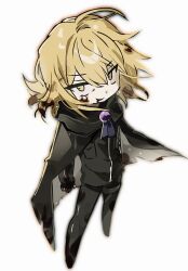  1boy arms_at_sides ascot black_ascot black_cape black_gloves black_pants black_shirt black_sleeves blonde_hair blood blood_from_mouth blood_in_hair blood_on_face breast_pocket brooch cape commentary e.g.o_(project_moon) fingerless_gloves full_body gem gloves harmony_(e.g.o) highres jewelry limbus_company looking_at_viewer male_focus pants pocket project_moon purple_gem shirt short_hair sinclair_(project_moon) solo thigh_strap tsurime untranslatable_commentary white_background xxxxx20090503 yellow_eyes 