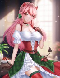  ahoge artist_name bare_shoulders body_freckles braid breasts brown_gloves chest_freckles choker cleavage commentary commission cowboy_shot crown_braid demon_horns demon_tail english_commentary facing_viewer female flower food food_print freckles frills fruit fruit_print gigamessy gloves green_hair hair_flower hair_ornament hand_on_own_chest hand_up highres horns leaf leaning leaning_on_table light_blush light_particles long_hair multicolored_hair off-shoulder_shirt off_shoulder on_table original pink_hair red_choker red_eyes red_hair shirt shoulder_freckles sideways_glance signature sitting sitting_on_table smile solo strawberry strawberry_print table tail thick_eyelashes white_flower 