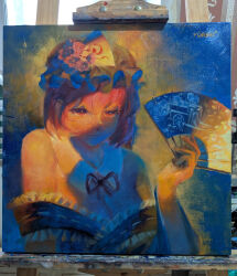  bare_shoulders black_ribbon blue_hat breasts cherry_blossoms cleavage closed_mouth commentary detached_collar female flower folding_fan hand_fan hat hat_flower highres holding holding_fan long_sleeves looking_at_viewer medium_breasts neck_ribbon off_shoulder oil_painting_(medium) painting_(medium) pink_flower pink_hair ribbon saigyouji_yuyuko saigyouji_yuyuko's_fan_design short_hair signature solo touhou traditional_media triangular_headpiece upper_body yuuren_kyouko 