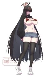  bikini black_hair black_halo black_thighhighs blue_archive breasts candy choker crop_top female food halo highleg highleg_panties highres huge_breasts lollipop long_hair looking_at_viewer midriff nail_polish navel navel_piercing panties peach-cup piercing red_bikini red_choker red_eyes red_nails rio_(blue_archive) shoes short_shorts shorts signature simple_background skindentation sneakers solo standing swimsuit thighhighs torn_clothes torn_shorts underwear very_long_hair white_background white_shoes zettai_ryouiki 