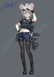  absurdres ammunition_pouch animal_ear_fluff animal_ears battle_rifle belt black_belt black_boots black_gloves black_pantyhose black_veil boots breasts buckle bullpup character_doll chinese_commentary coif collarbone commentary_request cross cross_necklace dated denim denim_shorts doll escape_from_tarkov eyewear_on_head female fingerless_gloves fingernails full_body gloves grey_hair grey_shirt guimpe gun hand_on_own_hip high_ponytail highres holster jerry_wang jewelry lace-up_boots legs load_bearing_equipment magazine_(weapon) medium_breasts medium_hair mouse_ears mouse_girl mouse_tail muzzle_device necklace nun nun_headdress oerba_yun_fang open_mouth original pantyhose pink_hair ponytail pouch purple_eyes rifle shak-12 shirt shorts sidelocks signature skin_fang snap-fit_buckle solo standing stomach stuffed_toy tactical_clothes tail thigh_holster thighs tied_shirt traditional_nun unit_patch unworn_eyewear veil walkie-talkie watermark weapon 