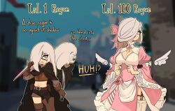  !? 2girls absurdres asymmetrical_legwear belt boots bow breasts cape castle centurii-chan cleavage_cutout clothing_cutout commentary dagger detached_wings dress english_commentary english_text eyepatch gloves grey_eyes grey_hair hair_over_one_eye hairbow highres holding holding_dagger holding_knife holding_weapon index_fingers_together knife large_breasts midriff mmorpg multiple_girls navel nervous nervous_smile nervous_sweating one_eye_covered original outdoors pickker_(centurii-chan) pink_bow pink_nails rogue short_sword small_breasts smile surprised sweat sword talking tantou thief thigh_boots thigh_cutout weapon wings 