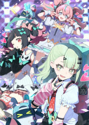  3girls angels_of_delusion aria_(zenless_zone_zero) arm_warmers backpack bag bangboo_(zenless_zone_zero) belt black_hair black_skirt black_thighhighs blue_eyes blunt_bangs blush bow breasts choker collared_shirt colored_inner_hair commentary_request detached_sleeves dress earrings frills green_eyes green_hair hair_ornament hairbow hairclip halo hand_up headset highres jewelry long_hair looking_at_viewer medium_hair multicolored_hair multiple_girls musical_note_earrings nangong_yu necktie one_eye_closed open_mouth pink_hair quad_tails red_eyes saipaco shirt short_dress short_sleeves side_ponytail skirt sleeveless sleeveless_shirt small_breasts smile striped_arm_warmers sunna_(zenless_zone_zero) thighhighs thighs twintails v white_dress white_shirt wings wrist_cuffs zenless_zone_zero 