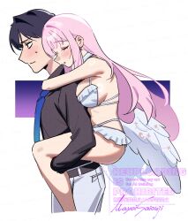 1boy angel_wings artist_name bare_back bare_legs bare_shoulders belt bikini black_belt black_eyes black_hair black_shirt blue_archive blue_necktie blush breast_press breasts breasts_on_another's_back carrying carrying_person choker clip_studio_paint_(medium) closed_eyes couple cropped_legs dress_pants dress_shirt embarrassed feathered_wings female frilled_bikini frills from_side furrowed_brow gradient_background highres intentionally_missing_halo large_breasts long_hair long_sleeves looking_ahead mika_(blue_archive) mika_(swimsuit)_(blue_archive) missing_halo multi-strapped_bikini_top necktie nose_blush pants parted_lips piggyback pink_hair pocket profile ring_light_reflection saionji_mayoi sensei_(blue_archive) shiny_skin shirt short_hair sidelocks simple_background sleeping standing straight sweatdrop swimsuit two-tone_background u_u very_long_hair watermark white_background white_bikini white_choker white_pants white_wings wing_ornament wings 