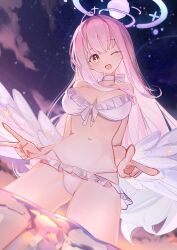  absurdres andersonalac angel_wings bikini blue_archive breasts choker cloud collar commentary_request cowboy_shot double_v female floating_hair frilled_bikini frills halo head_tilt highres in_water laughing long_hair medium_breasts mika_(blue_archive) night one_eye_closed outdoors pink_hair pink_halo sky smile solo standing straight_hair swimsuit v water white_bikini wings yellow_eyes 