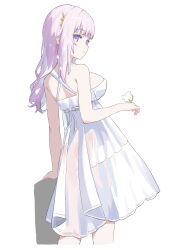  :| absurdres azur_lane back_ribbon bare_arms bare_shoulders blunt_bangs breasts bug butterfly butterfly_on_hand closed_mouth colored_eyelashes commentary criss-cross_halter cropped_legs curled_fingers dress empire_waist expressionless female from_behind hair_ornament halterneck hand_up highres large_breasts leaf_hair_ornament light_blush long_hair looking_at_viewer looking_back plymouth_(azur_lane) purple_eyes purple_hair purple_pupils short_dress sidelocks simple_background sleeveless sleeveless_dress solo standing turning_head white_background white_dress x_hair_ornament youtanhuayuan255 