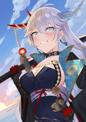  absurdres armor asymmetrical_horns azur_lane breasts cleavage cloud commentary_request dutch_angle evening female hair_between_eyes hair_on_horn hakuryuu_(azur_lane) highres holding holding_sword holding_weapon horns japanese_armor large_breasts long_hair looking_at_viewer mismatched_horns multiple_horns outdoors over_shoulder red_horns sakuramon satuki_518 sideboob smile solo suneate sword sword_over_shoulder water weapon weapon_over_shoulder white_eyes white_hair white_horns 