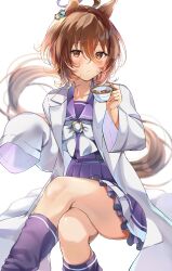  absurdres agnes_tachyon_(umamusume) ahoge animal_ears blush bochibochi_(gyuuniku_6000) bow bowtie brown_hair brown_tail coat commentary_request crossed_legs cup earrings female hair_between_eyes highres holding holding_cup horse_ears horse_girl horse_tail horseshoe_ornament huge_ahoge jewelry lab_coat long_hair_between_eyes looking_at_viewer open_clothes open_coat pleated_skirt purple_sailor_collar purple_shirt purple_skirt purple_socks red_eyes sailor_collar sailor_shirt school_uniform shirt short_hair simple_background single_earring skirt sleeves_past_fingers sleeves_past_wrists socks solo tail teacup thighs tracen_school_uniform umamusume white_background white_bow white_bowtie white_coat 
