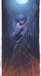  absurdres bare_shoulders black_skirt blue_eyes blue_hair border chains ciel_(tsukihime) commentary_request female full_moon highres holding holding_sword holding_weapon moon o_taku pantyhose short_hair skirt solo sword tsukihime weapon white_border 
