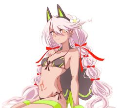  animal_ears bikini black_bikini blush braid breasts cat_ears chloe_von_einzbern chloe_von_einzbern_(swimsuit_avenger)_(second_ascension) dark-skinned_female dark_skin fake_animal_ears fate/grand_order fate_(series) female flower green_bikini hair_flower hair_ornament hair_ribbon hairband himo long_hair looking_at_viewer low_twin_braids multicolored_bikini navel neck_ribbon orange_eyes pink_hair ribbon small_breasts smile solo stomach_tattoo swimsuit tattoo thighs twin_braids two-tone_bikini 