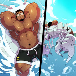  1boy absurdres arm_hair arms_behind_head bara black_hair chest_hair closed_eyes commentary commission dark-skinned_male dark_skin day english_commentary glasses golisopod highres kokukokuboo large_pectorals lying lying_on_pokemon male_focus male_swimwear marcus_(poshpompadour) multiple_views muscular muscular_male navel nipples on_back original outdoors pectorals pokemon pokemon_(creature) second-party_source short_hair sky smile split_screen strongman_waist swim_trunks topless_male very_short_hair water wishiwashi wishiwashi_(solo) 