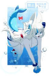  air_bubble animal_ear_fluff animal_ears anklet bent_over bikini blue_eyes bracelet bubble colored_skin crab female fish fish_girl from_above highres indie_virtual_youtuber jewelry light_blush looking_at_viewer looking_to_the_side multicolored_hair ocean open_mouth peach-cup sameko_saba shell signature smile streaked_hair swimsuit tail underwater virtual_youtuber white_hair white_skin 