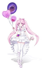  absurdres alternate_costume alternate_hairstyle balloon bow choker collarbone double-parted_bangs dress female flower forehead_jewel frills fu_xuan_(honkai:_star_rail) full_body hashtag-only_commentary heart_balloon highres holding holding_balloon honkai:_star_rail honkai_(series) long_hair odiroid parted_lips pink_flower pink_hair pink_rose rose strappy_heels thighhighs twintails very_long_hair white_dress white_thighhighs yellow_eyes 