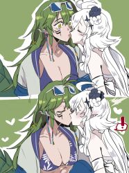  ! 2girls arknights ban_syou bikini black_flower blue_bikini blush breasts cleavage commentary crocodilian_tail eyewear_on_head flower gavial_(arknights) gavial_the_invincible_(arknights) gavial_the_invincible_(holiday)_(arknights) green_background green_eyes green_hair hair_flower hair_ornament heart highres kissing large_breasts long_hair multiple_girls pointy_ears simple_background sunglasses swimsuit tail tomimi_(arknights) tomimi_(silent_night)_(arknights) white_flower white_hair yuri 