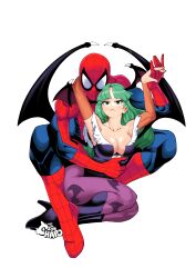  1boy absurdres animal_print arm_around_neck arm_around_waist artist_name bat_print bat_wings breasts cleavage clothing_cutout collarbone commentary darkstalkers demon_girl demon_wings female green_eyes green_hair head_wings heart_cutout high_heels highres holding_hands interlocked_fingers large_breasts long_hair looking_at_viewer marvel marvel_vs._capcom mask morrigan_aensland muscular muscular_male off-shoulder_leotard pantyhose sonchapo spider-man spider-man_(series) spider_web_print superhero_costume white_background wings 