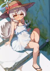  absurdres alternate_costume animal_ears arm_support black_hair blue_archive bow brown_sandals commentary day dress female flip-flops food food_in_mouth frilled_dress frills from_above full_body grey_hair halo hat highres kim_aeeu kokona_(blue_archive) long_hair looking_at_viewer multicolored_hair on_stairs orange_eyes outdoors popsicle popsicle_in_mouth popsicle_stick red_bow sandals sitting solo straw_hat streaked_hair sundress sweat tan 
