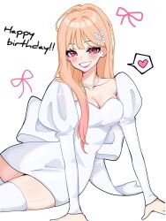  blonde_hair blush breasts cleavage commentary cowboy_shot dress english_commentary female heart highres kitagawa_marin medium_breasts miovartz parted_lips red_eyes simple_background smile solo sono_bisque_doll_wa_koi_wo_suru spoken_heart teeth white_background white_dress 