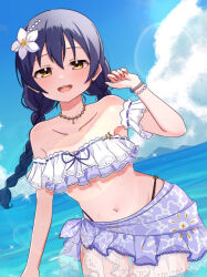  bare_shoulders bikini black_hair blush collarbone commentary_request female flower hair_between_eyes hair_flower hair_ornament looking_at_viewer love_live! love_live!_school_idol_festival_all_stars love_live!_school_idol_project navel official_alternate_costume open_mouth outdoors ozawasan0930 purple_bikini ruffle_bikini smile solo sonoda_umi sonoda_umi_(let's_decide_it_on_the_aqua_course) stomach strapless strapless_bikini swimsuit white_flower yellow_eyes 