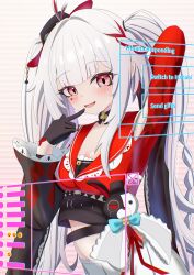  absurdres black_choker black_hat blush bow choker commentary diamond_(shape) diamond_facial_mark emoji english_text facial_mark female finger_to_mouth hat heart highres honkai:_star_rail honkai_(series) kl39p long_hair midriff mini_hat mini_top_hat navel open_mouth pink_eyes skirt smile solo sparkle_(honkai:_star_rail) sparxie_(honkai:_star_rail) top_hat twintails white_hair white_skirt 