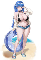 absurdres alternate_costume arcana_(nikke) arm_at_side barbell_piercing bare_legs bare_shoulders beach bikini bikini_under_clothes black_bikini black_choker blue-tinted_eyewear blue_hair blue_sandals blue_shorts blunt_bangs blush breasts choker cleavage closed_mouth collarbone commentary cutoffs denim denim_shorts ear_piercing earrings eyewear_on_head female flower full_body goddess_of_victory:_nikke hair_flower hair_intakes hair_ornament halterneck hand_up highleg highleg_bikini highres huge_breasts industrial_piercing innertube jacket jewelry long_hair long_sleeves looking_at_viewer micro_shorts navel off_shoulder one_side_up open_clothes open_fly open_jacket open_shorts piercing purple_eyes round_eyewear sandals shorts small_chair_(xiaosaiyi33818) smile solo standing stomach string_bikini sunglasses swim_ring swimsuit tinted_eyewear v very_long_hair water white_background white_jacket 