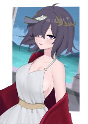  absurdres ahoge alternate_costume black_hair breasts canonball_(dungigi12) cleavage commentary_request dress female greco-roman_clothes hair_over_one_eye highres horizon korean_commentary large_breasts looking_at_viewer mixed-language_commentary miyako_yoshika ofuda ofuda_on_head open_mouth outdoors partial_commentary purple_eyes roman_clothes short_hair solo touhou white_dress 