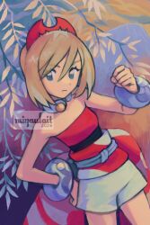  blonde_hair blue_eyes bracelet closed_mouth eyelashes female hair_between_eyes hairband hand_on_own_hip hand_up irida_(pokemon) jewelry miyaulait neck_ring outdoors pokemon pokemon_legends:_arceus red_hairband sash shirt short_hair shorts solo strapless strapless_shirt waist_cape white_shorts 