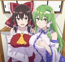  2girls arms_under_breasts ascot blue_skirt blush bow breasts brown_eyes brown_hair commentary_request crossed_arms detached_sleeves frilled_bow frilled_hair_tubes frills frog_hair_ornament green_eyes green_hair hair_between_eyes hair_ornament hair_tubes hairbow hakurei_reimu kochiya_sanae large_breasts long_hair looking_at_viewer multiple_girls open_mouth red_bow red_skirt ribbon-trimmed_sleeves ribbon_trim single_hair_tube skirt skirt_set smile snake_hair_ornament touhou to~fuya yellow_ascot 