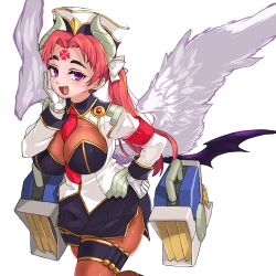  armband bat_wings between_breasts black_hat black_shirt black_skirt bodystocking breasts brown_bodystocking cloche_(shinrabanshou) commentary_request facial_mark female forehead_mark framed_breasts gloves gold_trim grey_horns grey_shirt hair_ribbon hand_on_own_face hat horns large_breasts long_hair looking_at_viewer machine middle_part mismatched_eyebrows mixed_wings multicolored_hat multicolored_shirt multiple_wings necktie oerba_yun_fang open_mouth pantyhose pink_hair purple_eyes purple_wings red_necktie ribbon shinrabanshou shirt skirt solo takane_(lovehatsune) thigh_strap white_background white_gloves white_hat white_ribbon white_shirt white_wings wings 