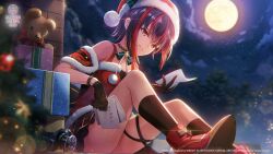  bare_shoulders black_gloves black_hair black_ribbon black_socks blurry blurry_background boots bow bowtie box brown_skirt christmas christmas_tree cloud copyright_name copyright_notice depth_of_field dual_wielding ear_piercing female foot_out_of_frame footwear_bow from_side full_moon fur-trimmed_headwear fur-trimmed_shirt fur_trim gift gift_box glint gloves green_bow green_bowtie hair_between_eyes hat heaven_burns_red highres holding holding_paper kneehighs knees_up leg_ribbon lens_flare looking_at_object looking_down medium_hair mikoto_fubuki mikoto_fubuki_(frozen_moon_melting_heart) miniskirt moon multicolored_hair night official_alternate_costume official_art official_wallpaper outdoors paper parted_lips piercing plaid_bow plaid_bowtie plaid_clothes plaid_skirt pleated_skirt pom_pom_(clothes) red_boots red_bow red_eyes red_hair red_hat red_shirt ribbon santa_costume santa_hat shirt sidelighting sidelocks sitting skirt sky smile socks solo streaked_hair stuffed_animal stuffed_toy teddy_bear thighs two-tone_hair wolf_cut 