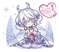  bare_shoulders blush breasts commentary_request demon_wings dress drill_hair duel_monster earrings female full_body grey_eyes grey_hair heart jewelry knight_(yu-gi-oh!) lovely_labrynth_of_the_silver_castle momobesaeka multiple_wings pointy_ears simple_background smile solo sparkling_eyes strapless strapless_dress stuffed_toy thighhighs twin_drills watermark white_background white_dress white_thighhighs wings yu-gi-oh! 