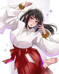  absurdres arm_up barefoot bead_bracelet beads black_hair border bow bracelet breasts brown_eyes character_request dangerousbride feet female foot_out_of_frame grey_background hairbow hakama hakama_skirt highres japanese_clothes jewelry jujutsu_kaisen long_hair looking_at_viewer medium_breasts miko parted_lips red_hakama red_sash red_skirt sash sidelocks skirt soles solo sparkle standing standing_on_one_leg toes white_border wide_sleeves 