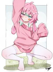  absurdres boppin commentary commission english_commentary female flower hair_flower hair_ornament heterochromia highres multicolored_hair no_shoes original pink_eyes pink_hair revision sleeves_past_fingers sleeves_past_wrists solo squatting sweater thighhighs white_thighhighs 