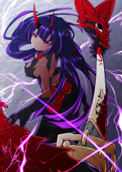  absurdres back backless_outfit breasts closed_mouth commentary_request female highres holding holding_sword holding_weapon honkai_(series) honkai_impact_3rd horns katana kirimmitsu large_breasts long_hair looking_at_viewer looking_back purple_eyes purple_hair raiden_mei raiden_mei_(herrscher_of_thunder) sheath solo sword unsheathing very_long_hair weapon 